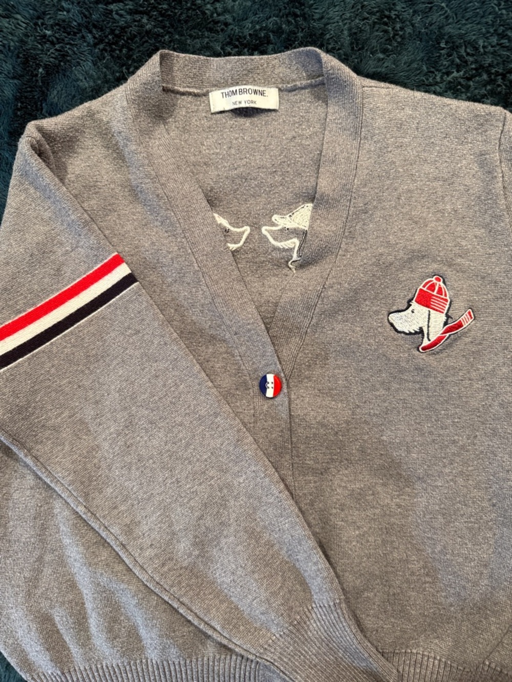 Thom Browne Gray Cardigan with Dog Patch and Tricolor Accents